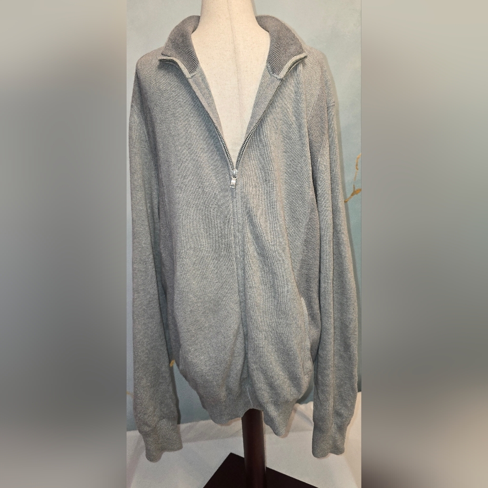 CK Gray Full-Zip Mock Neck 100% Pima Cotton Knit Sweater With Elbow Patches XL